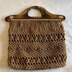 Handmade Brown Crochet Macrame Bag with Faux Tortoiseshell Handles